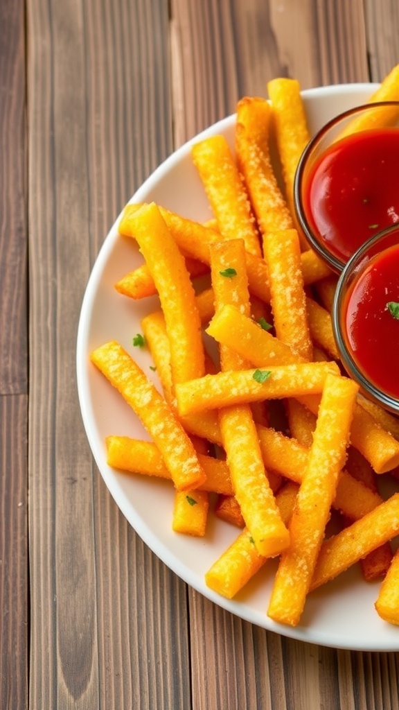 Crispy Air Fryer Polenta Fries Crispy polenta fries garnished with Parmesan and herbs, served with marinara sauce on a wooden table.